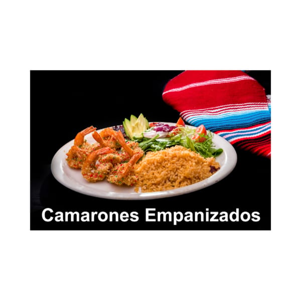 Las Tres Casuelas' Camaron Empanizados, breaded shrimp with rice, salad, and avocado, on a white plate.