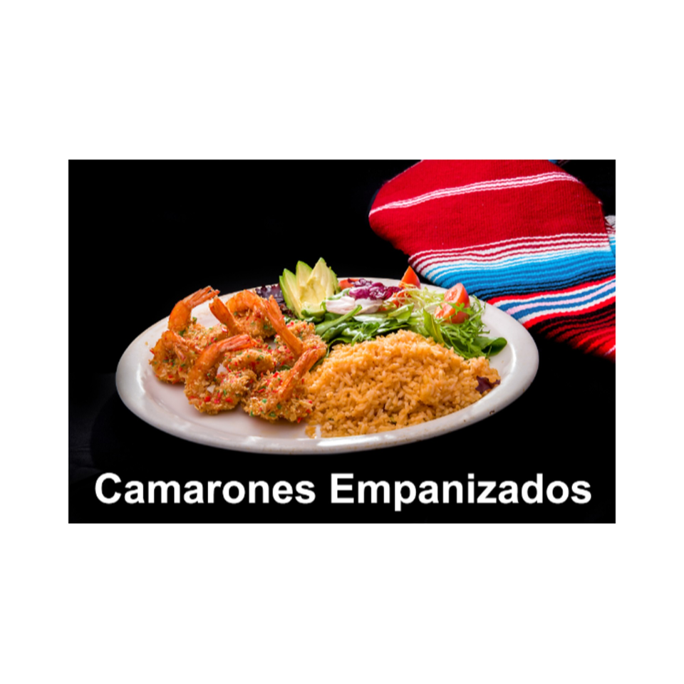 Las Tres Casuelas' Camaron Empanizados, breaded shrimp with rice, salad, and avocado, on a white plate.