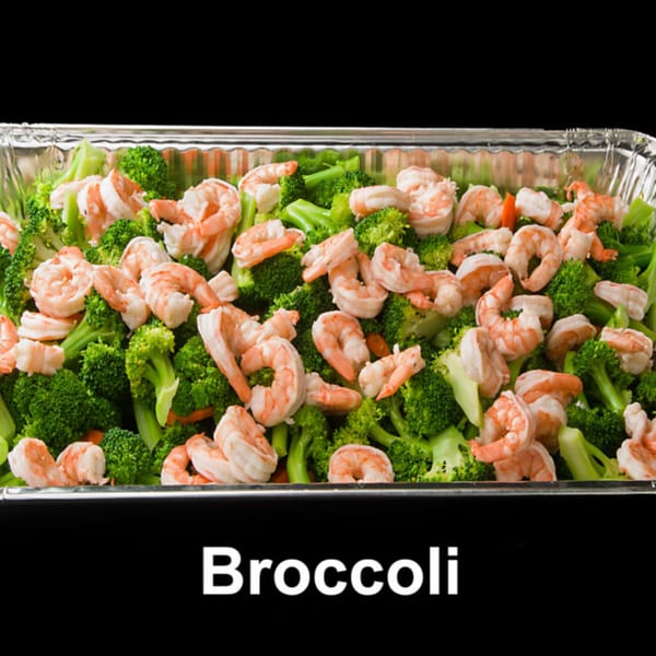 Shrimp and broccoli in a foil pan, ready for catering or takeout from Las Tres Casuelas.