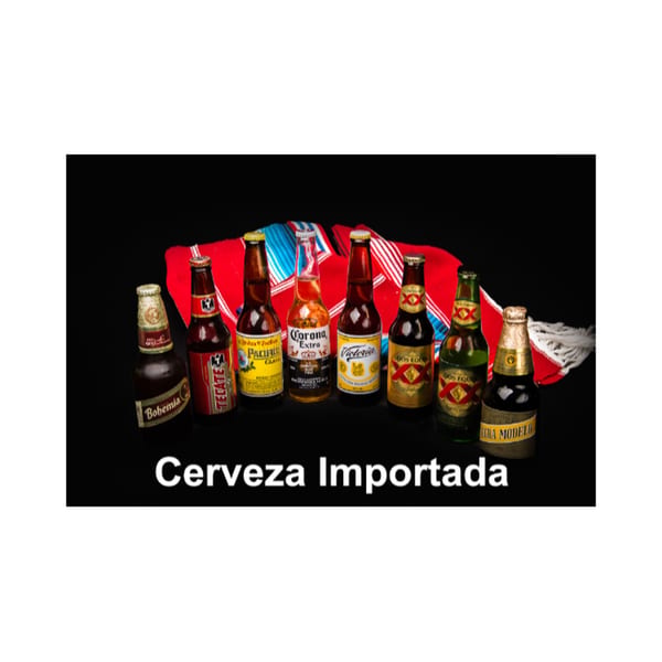 Assortment of seven imported Mexican beer bottles, including Corona and Dos Equis, on a red and blue textile.