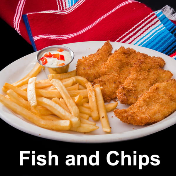 Crispy fried fish fillets and golden french fries with a side of white dipping sauce.