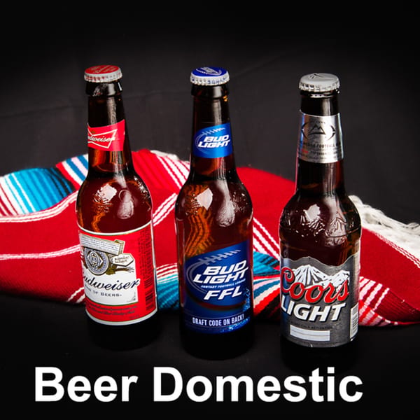 Three domestic beer bottles (Budweiser, Bud Light, Coors Light) on a colorful serape.