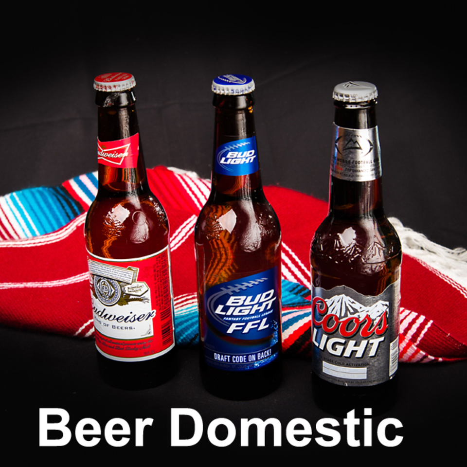 Three domestic beer bottles (Budweiser, Bud Light, Coors Light) on a colorful serape.